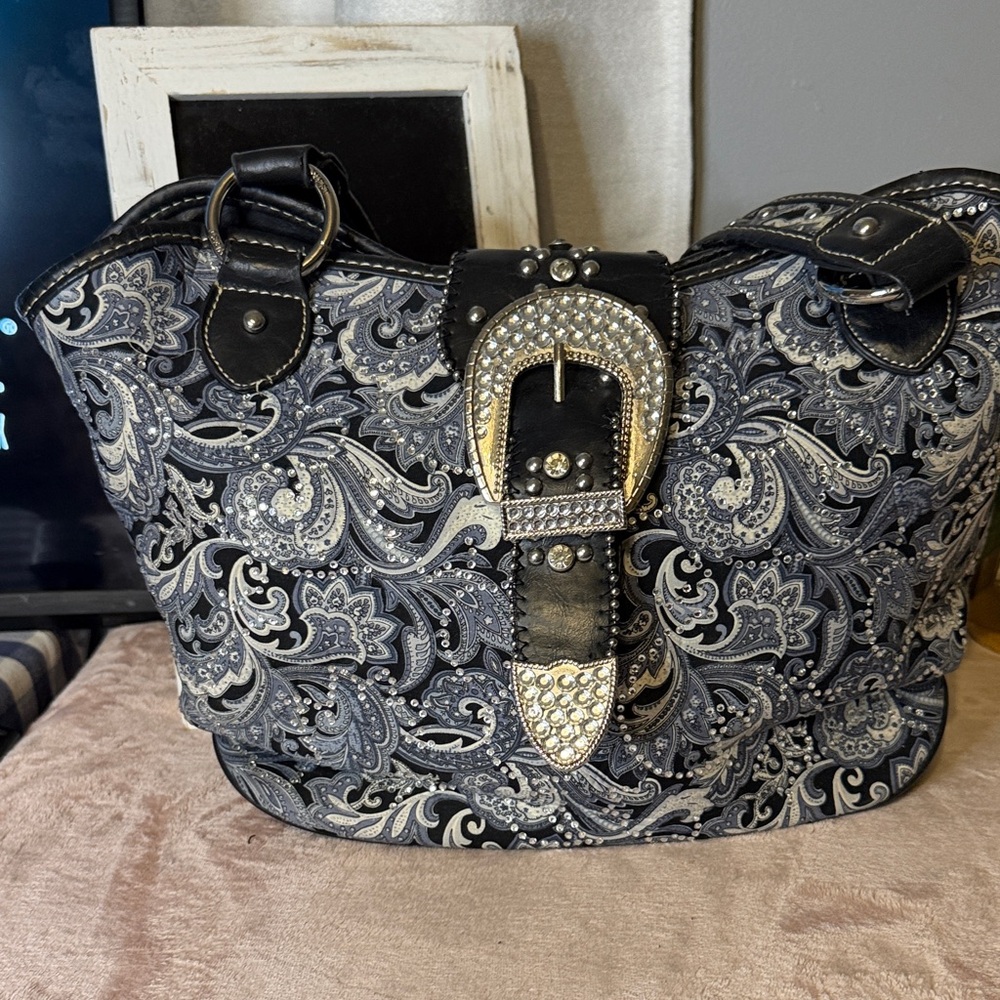 Montana West Black and Silver Paisley Rhinestone Buckle Shoulder Bag